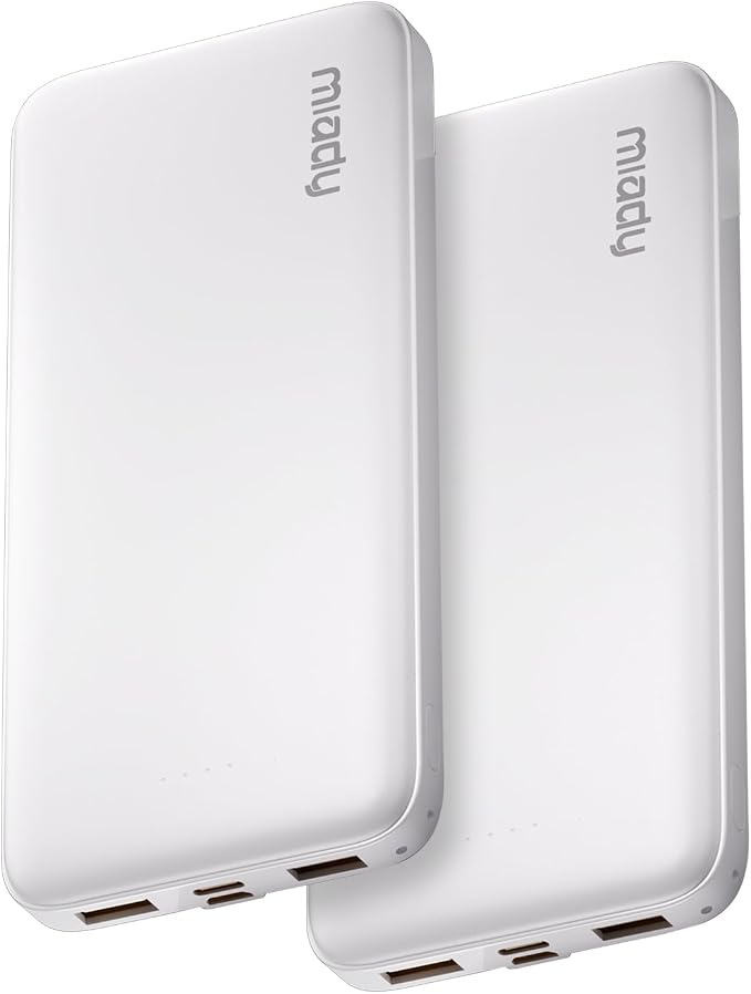 Miady 2-Pack Portable Charger, Slim 10000mAh Power Bank Travel Battery Pack | Dual USB丨3 Outputs 2 Inputs丨for Backpack Travel Camping丨Slim丨Compatible with iPhone Android etc丨Flight-Safe丨37Wh丨White+White