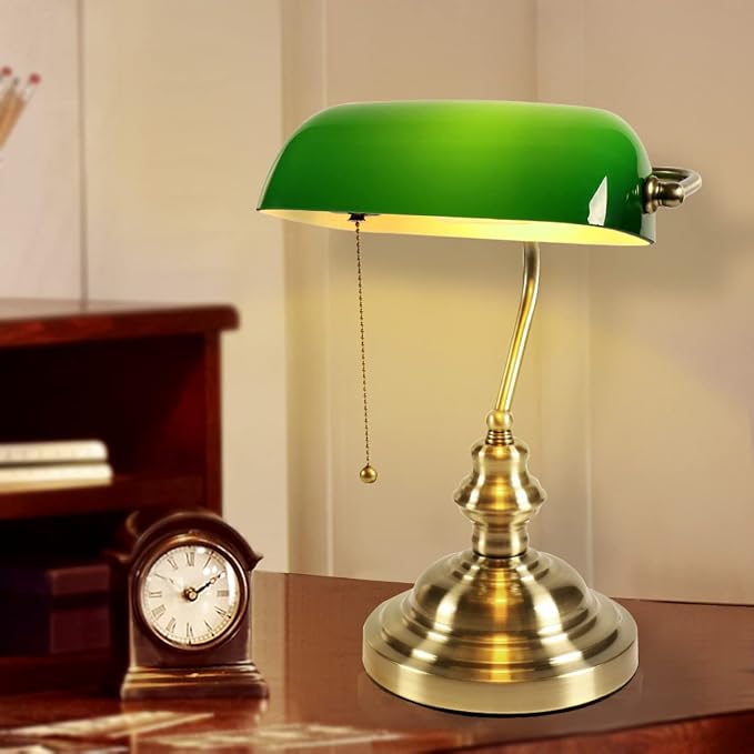 Green Bankers Lamp, Vintage Library Lamp with Pull Chain,Retro Table Lamps for Home Office, Study Room, Piano LED Bulb Included