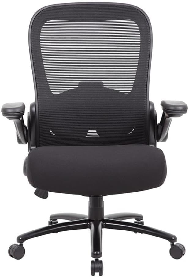 Scranton & Co Heavy Duty Flip Arm Mesh Task Chair, 400 lb Capacity, Adjustable Lumbar Support, Black Fabric Upholstery, 30.5" W x 30" D x 43.5-46.5" H, Ergonomic Office Chair for Home or Workplace