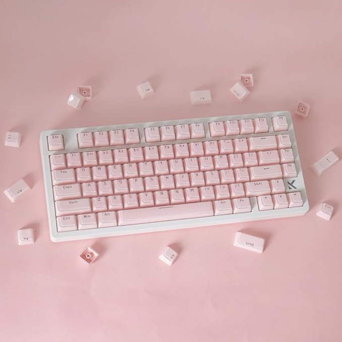Tsungup Crystal Jelly Pink Keycaps, MDA Profile-Clear Translucent Jade Keycaps,130 Keys Shine Through Custom Key Caps Keyboard Keycap Set for 60%,65%,75%,100% Cherry MX Keyboard Mechanical