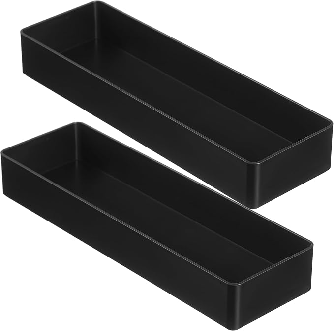 Teling 2 Pcs Black Plastic Desk Organizer Tray Shallow Drawer Pencil Tray Tabletop Organizer for Office, Home, or Study 9.45x2.95x1.38 Inch