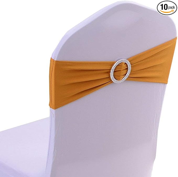 Tvoip 10PCS Chair Cover Stretch Band with Buckle Slider Sashes Bow Wedding Banquet Chair Decoration (Gold)