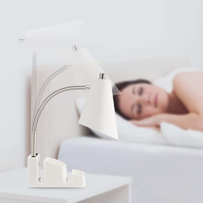 LED Desk Lamp with 1 USB Charging Port and 1 AC Outlet, Organizer Base, Adjustable Neck, On/Off Switch, Modern Table Lamp for Reading, Working, Studying, Gentle Warm White Light, Eye Protect