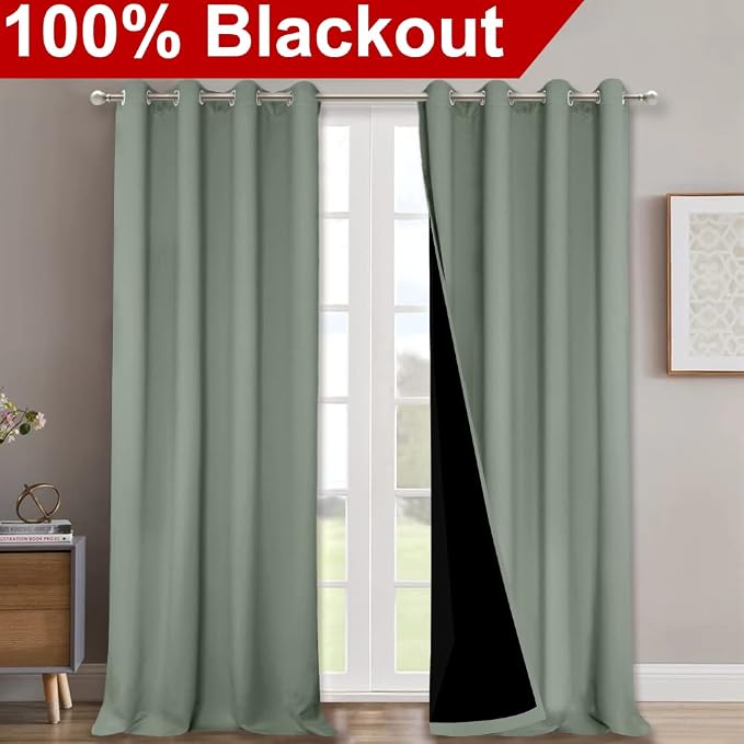 NICETOWN 100% Blackout Blinds, Set of 2, 46" x 96", Greyish Green, Laundry Room Decor Window Treatment Curtains for Large Patio Sliding Door, Thermal Insulated Curtains for Bedroom