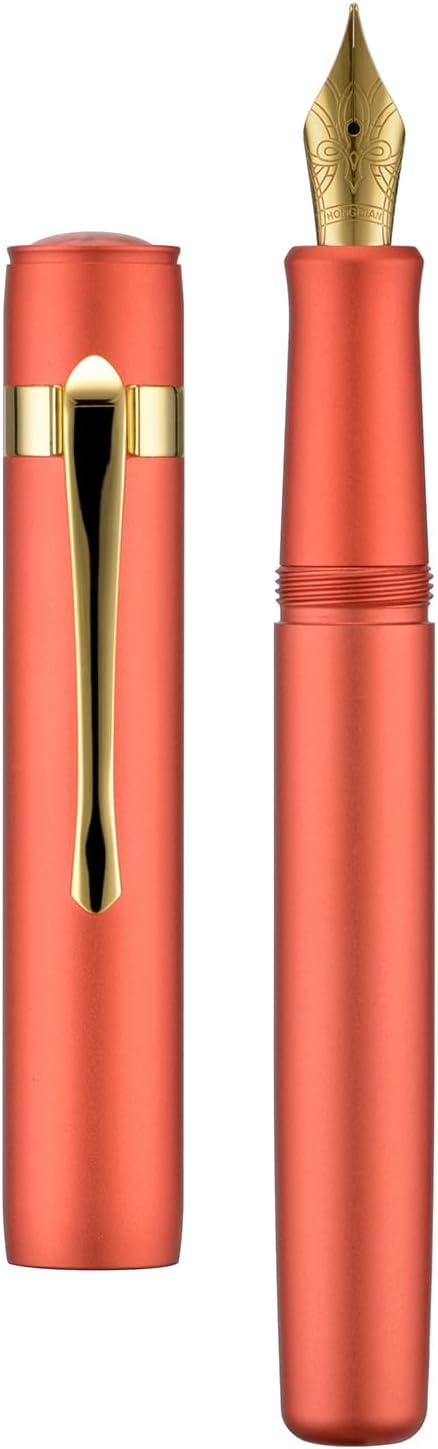 HONG DIAN M2 Black Forest Mini Fountain Pen, Fine Soft Golden Nib & Sleek Shape Aluminium Short Pocket Travel Pen (Orange Red)
