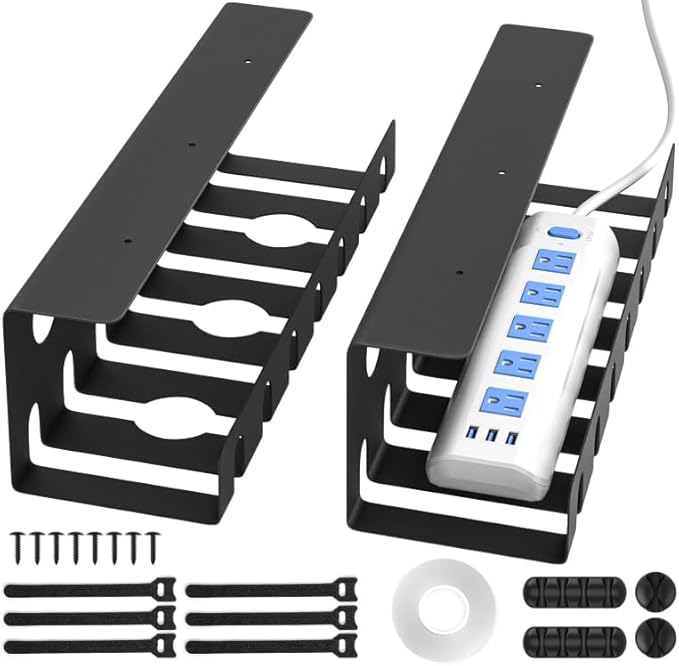 Delamu 2 Pack Metal Under Desk Cable Management Tray, U Channel Cord Organizer Box, Office Under Desk Cord Organizers, Cable Management with Various Accessories, Black, 15.75 Inches
