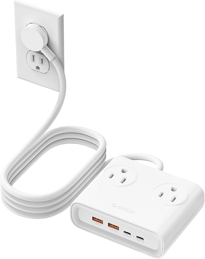 ORICO Power Brick, 25W GaN Power Strip, 8-in-1 Desktop Charging Station with 4 AC Outlets, 2 USB-C, 2 USB-A Ports, 5ft Extension Cord, Ultra Thin Flat Plug for Travel Office ETL Listed-PDC (1 PC)