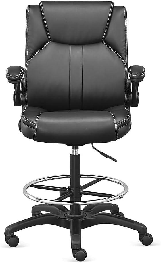 Omega 24/7 Big & Tall Adjustable Stool with Flip Arms in Black Faux Leather, Featuring a Comfortable Foam Seat and Ergonomic Design for Office Use