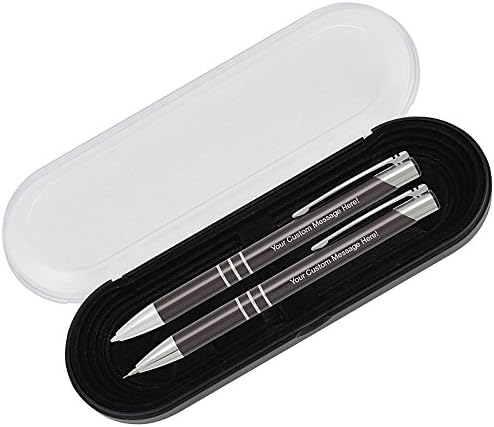 10 Personalized Engraved Classic Metal Ballpoint Pen & Mechanical Pencil Gift Set. Includes Case - Graphite Gray Color with Silver Accents. Black Ink.
