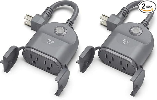 Geeni Outdoor Duo Wi-Fi Smart Plug | 2 Weatherproof Outlets, Compatible with Alexa & Google Assistant | Wireless Remote Control & Timer for Holiday Lights, Appliances, and More, 2-Pack
