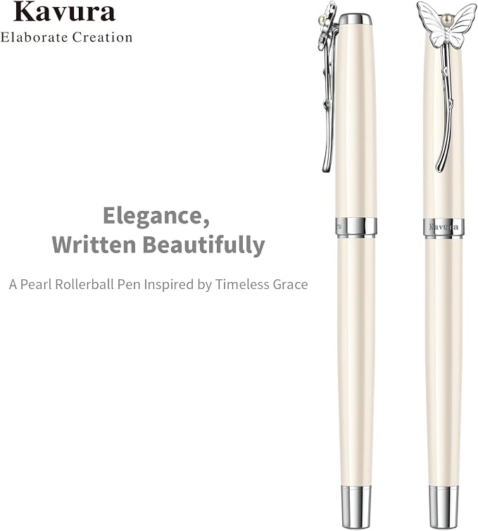 Butterfly & Pearl Rollerball Pen – Elegant Brass Pen Gift Set for Women, Jewelry-Inspired Design, Glossy Finish, with German Refill, Gift for Her, Graduation & New Beginnings(Pearl White)