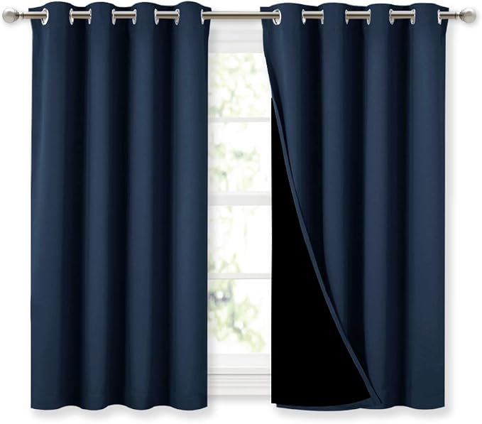 NICETOWN 100% Blackout Curtains with Black Liners, Thermal Insulated 2-Layer Lined Drapes, Energy Efficiency Small Window Draperies for Dining Room (Navy Blue, 2 Panels, 52 inches W by 45 inches L)