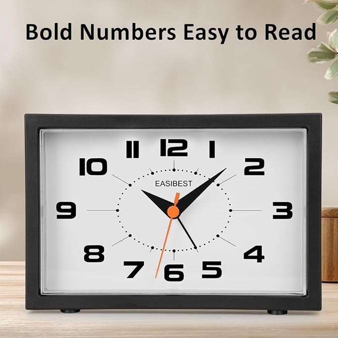 Silent No Ticking Analog Alarm Clock,Crescendo Alarm,Snooze with Light,Tablemount Wall Mount for Desk Bedside,Black