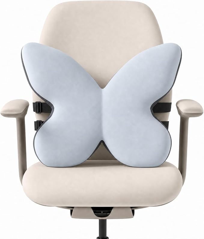 Butterfly Lumbar Support Pillow for Car and Chair, Gray | Memory foam back cushion with butterfly support, washable cover and dual adjustable straps for chairs and car seats