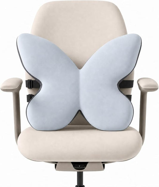 Butterfly Lumbar Support Pillow for Car and Chair, Gray | Memory foam back cushion with butterfly support, washable cover and dual adjustable straps for chairs and car seats