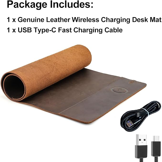 Contacts Full Grain Leather Wireless Charging Desk Mat with 15W Wireless Charger Type C Chargering Port Computer Desk Pad Large Mouse Pad 80x40 cm