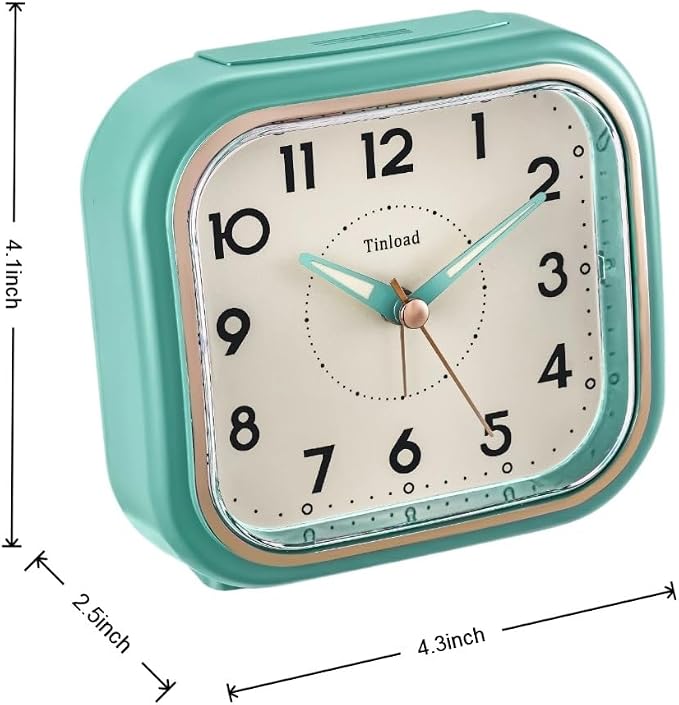 Tinload 4.3" Vintage Retro Analog Alarm Clock, Super Silent Non Ticking Clock with Manual Light, Snooze, Battery Operated, Simply Design, for Living Room, Bedroom, Bedside, Desk(Green)