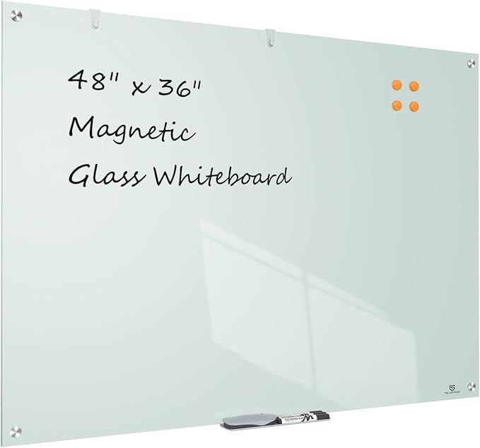 TSJ OFFICE Glass Dry-Erase Board - 48 x 36 Inches Wall Mounted Glass Whiteboard, Large Frameless Magnetic White Board for Office, Home & School, White