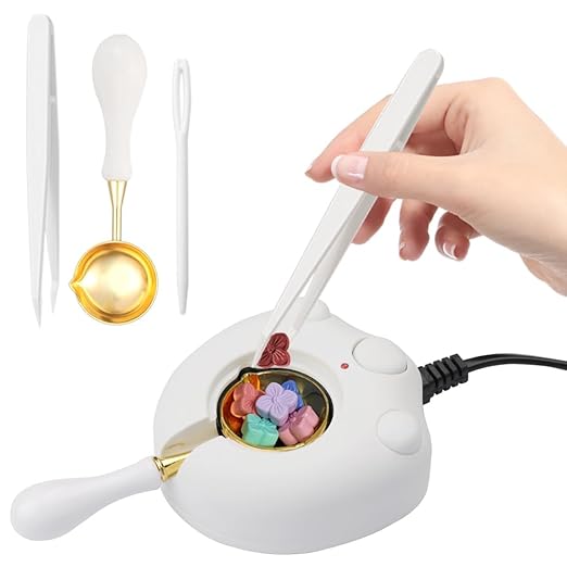 Electric Wax Seal Warmer Kit With Spoon and Tweezers - Great Tool for DIY Seals, Stamp and Melting Sticks, Sealing Beads (White)