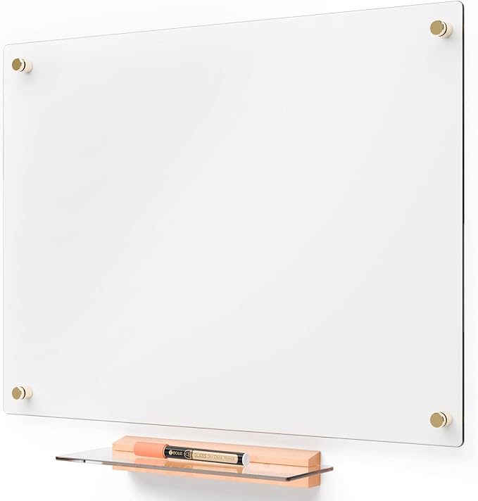 YEOUX Glass Dry Erase Whiteboard - 17x23 Ultra Clear Glass White Board for Wall with Wooden Based Floating Marker Tray, Non-Magnetic Writing for Kitchen, Home and Office.
