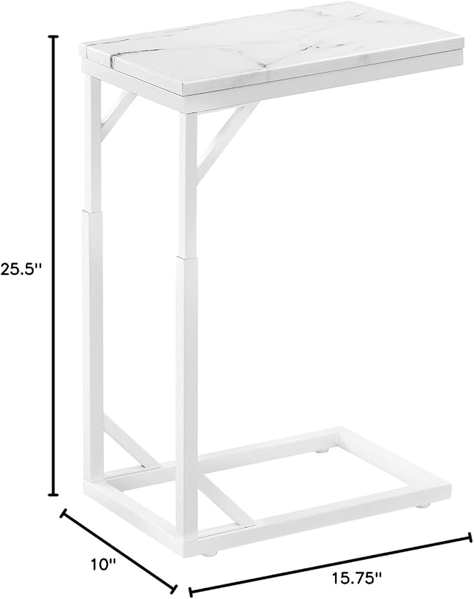 C-Shaped End Table, Small Sofa Table with Metal Frame, Adjustable Height Side Table for Couch, Living Room, Bedroom, Bedside (White, Small)
