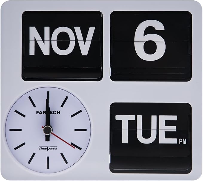 Retro Modern 9.45 Inches Calendar Day Date Flip Desk Wall Clock (Black)(No Battery Included) (Ivory)