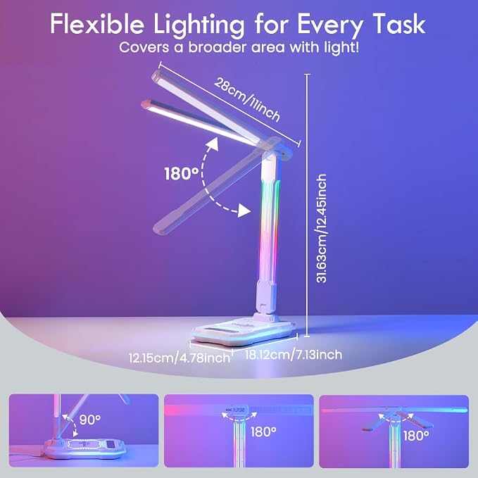 WILIT Desk Lamp for College Dorm Room, RGB Gaming Desk Light with Wireless Charging & USB Port, Gamer lamp Sound Reactive,3 Color Modes 5 Brightness,Reading Lamp Touch Control for Home Office,Study