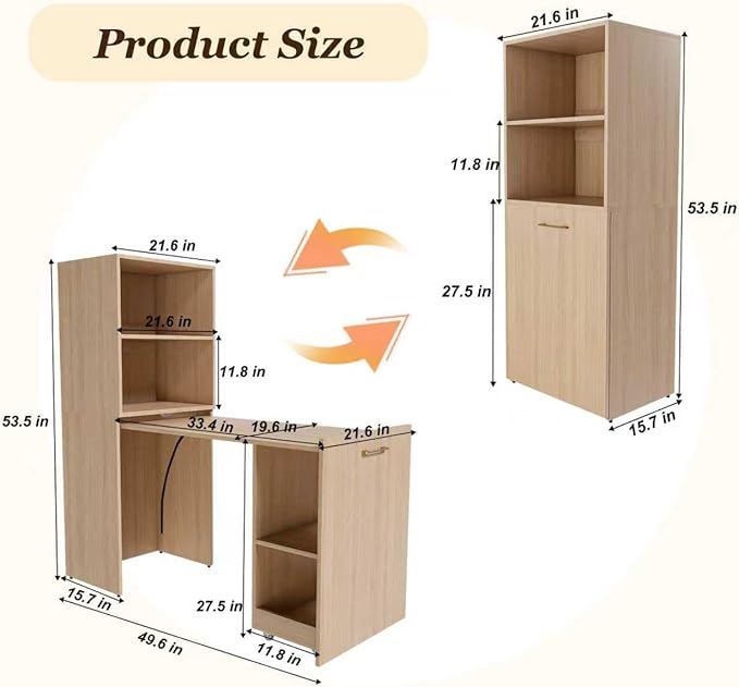 Folding Out Desk with Storage Shelves, Expandable Hidden Computer Desk, Foldable Space-Saving Pull Out Murphy Table, Writing Table with Wheels for Home Office Bedroom Small Spaces (Natural Wood.)