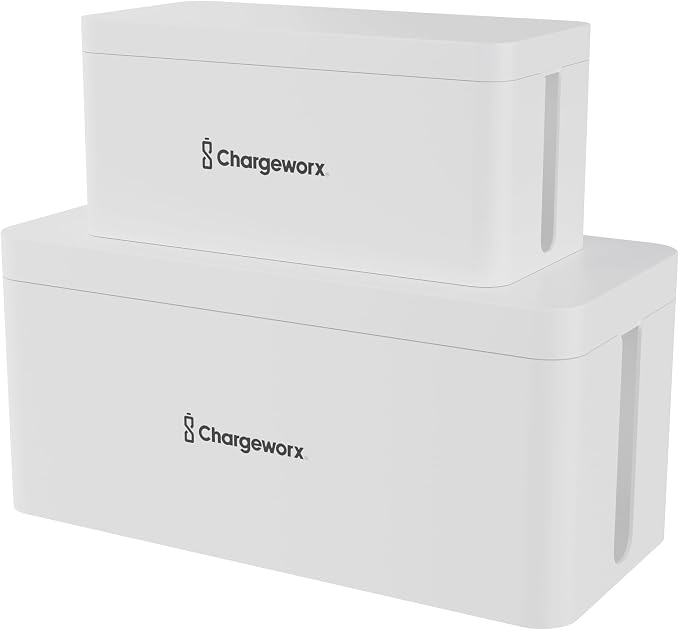Cable Management Box, Extension Cord Hider, Power Strip Box, White, 2 Pack | Wire Organizers for Cords, Floor Cable Concealer, Heat Resistant, Vented, Cord Hider Box, Power Strip Cover Box