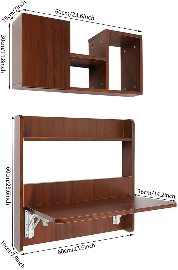 Floating Desk, 24" Wall Mounted Folding Desk with Bookshelf Folding Wall Desks Space Saving Workstation with Storage Shelves for Home Office Bedroom Study Room Small Space