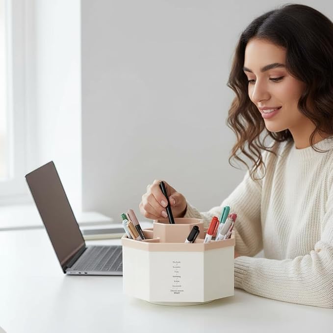 Jekelife 360 Degree Rotating Pen Holder,5-Compartment Desk Organizer,Pink | Compact 5-compartment pen organizer rotates smoothly to store writing tools, craft supplies and small desk accessories.