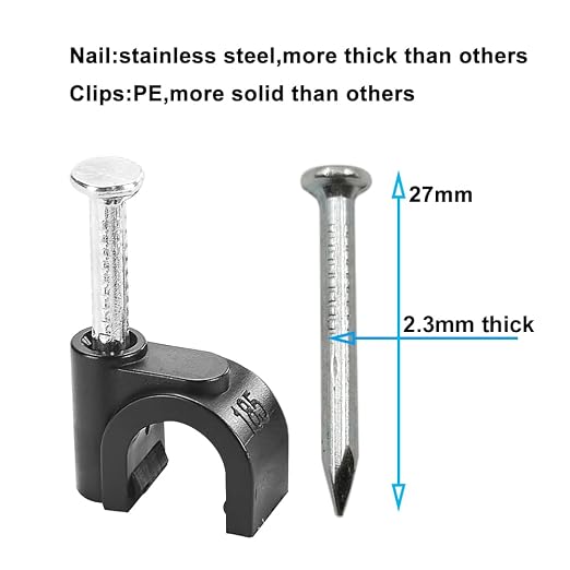 HS Cable Clips 10mm with Steel Nail 200 Pieces Black,Ethernet Management U Shaped Wire Cord Staples Hooks for Outdoor Wall,Coax Cat8 RG8 Cable Extension Fasteners