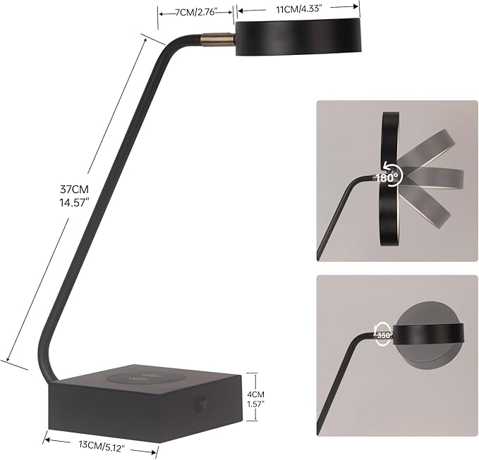 LED Desk Lamp with Wireless Charger,Industrial Table Lamp with 2 USB Charging Ports,Modern black table lamp,Adjustable lamp Head,Button Switch,Suitable for Bedroom Living Room Office,Study Black