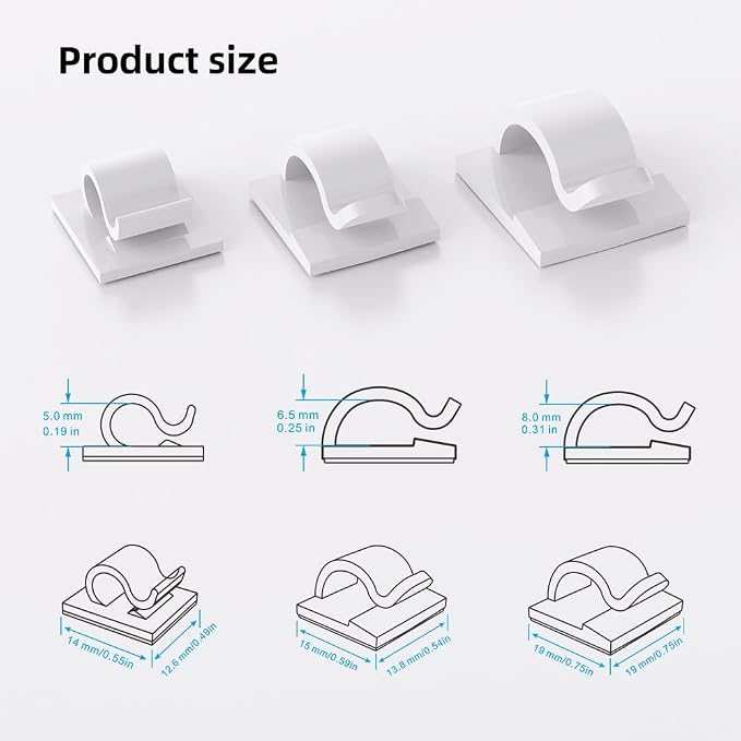 100 PCS White Adhesive Cable Clips Cord Organizer (Small, Medium,Large),Wire Holder for Cable Management, Outdoor Light Clips Light Hooks for LED String,Car Dash Cam, Extension Cord (White)