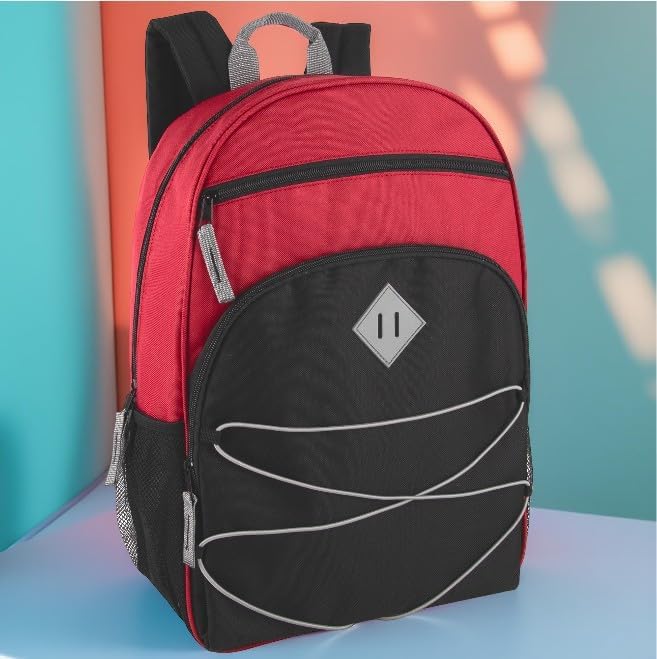 Trail maker Kids Backpacks with School Supplies for Boys, Girls | 30 Piece Back to School Supplies Set with 17" Bungee Backpack (Red & Black)