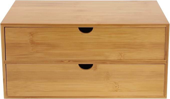 Desktop Organizer, 12.99*7.48*6.3in Bamboo Desk Organizer 2 Drawers Tabletop Storage Organization Box Wooden Countertop Drawers Organizers with 2 Drawers for Cosmetics Collections Toiletries Jewelry