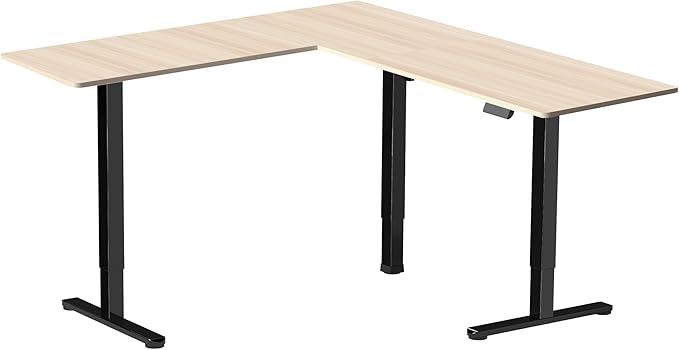 VIVO Corner Standing Desk, 63 x 55 inch Reversible L-Shaped Workstation, Electric Height Adjustment, Home, Office, and Reception Rooms, Light Wood Table Top Black Frame, DESK-E3CTBC
