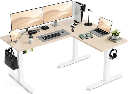 Claiks L-Shaped Electric Standing Desk with Dual Motors, 59 Inch Natural | 51.2" Extension Table, 28.3" To 46.5" Height Range, 176 Lbs Capacity, Memory Presets, Home Office Or Gaming