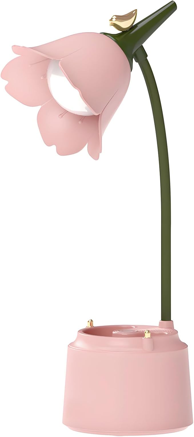 DLHONORV Cute LED Desk Lamp Kawaii Desk Accessories, Flower Bird Table lamp USB Rechargeable, 3 Color Modes, Stepless Dimming, Touch-Sensitive Switch Kawaii Room Decor Lamp, Reading Lamp (Pink)