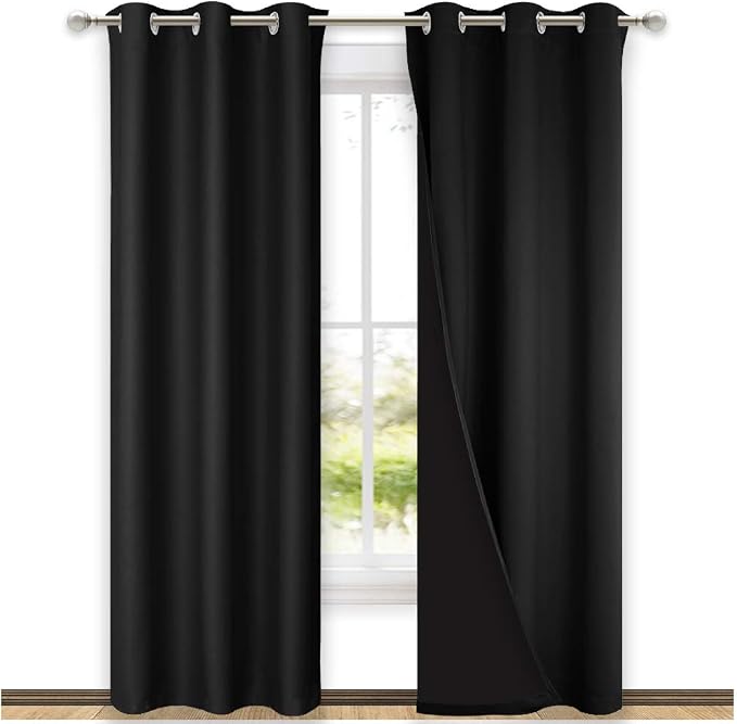 NICETOWN Room Warming Blackout Curtains 80 inches Long, Full Light Blocking Drapes with Black Liner for Nursery, Thermal Insulated Draperies for Hall, Villa (Black, 2 Pieces, 42" Wide Each Panel)
