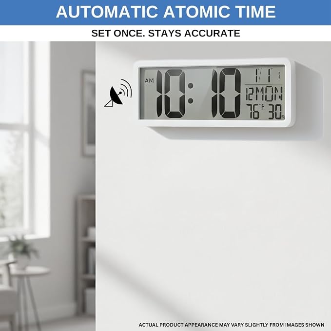 Atomic Digital Wall Clock Battery Operated Large Display | Automatic Time Setting with Day Date Temperature Humidity Alarm 12/24 Hour | Wall Or Desk Clock for Home Office Seniors
