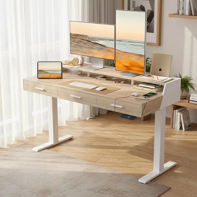 CubiCubi Standing Desk 48x26 Inches with 3 Wood Drawers and Monitor Shelf, Ergonomic Rising Home Office Desks, Height Adjustable Computer Desk, Sit Stand Up Electric Workstation Table, Light Walnut