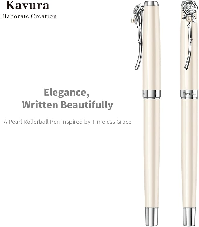 Rose & Pearl Rollerball Pen – Luxury Brass Pen Gift Set for Women, Jewelry-Inspired Design, Glossy Finish, with German Refill, Romantic Gift for Her, Anniversary & Valentine’s Day (Pearl White)