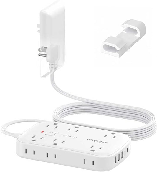 10FT Extension Cord with Outlet Cover & Multi USB, Ultra Thin Plug Concealer with Cord & 12AC Outlet 6 USB (24W/4.8A), Charging Station for Multiple Devices, for Behind Wall Furniture Couch TV