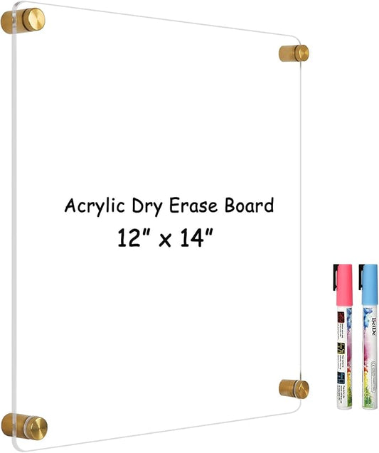 Clear Acrylic Dry Erase Board, 12" X 14" Golden Non-Magnetic Frameless Acrylic White Board for Wall, Clear Erasable Menu Board for Wall, Home, Office, School, 2 Markers