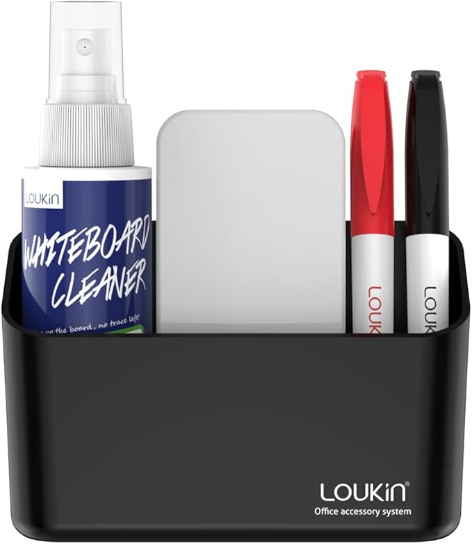 loukin Magnetic Marker Holder Set, Whiteboard Accessory Tray Set, Black | 5.3" × 2.2", Holds 1 Eraser and 8 Markers, Supports up to 3.3 lb, 2 Mounting Options, Fits Glass and Refrigerators