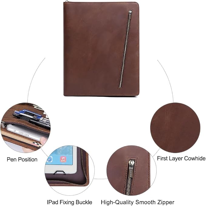 Crazy Horse Leather Portfolio Binder with 3-Zipper, Executive Padfolio Business Organizer & Resume Portfolio with iPad Holder, Legal Pad Portfolio for Men, Meetings, Interviews & Business Travel