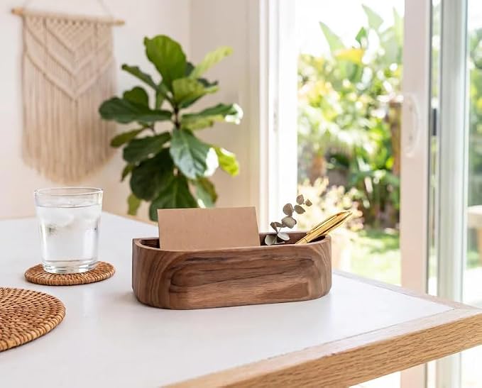 Natural Walnut Wood Desk Caddy, Minimalist Open Storage Organizer Tray for Business Cards Pens Small Office Desktop Accessories, Mid-Century Tabletop Wooden Catchall Holder for Home Office Workspace
