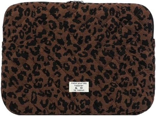 Cute Bow Puffy Laptop Sleeve 13-15 Inch Cute Quilted Laptop Protective Case Padded Bow Computer Sleeve for MacBook (Leopard Coffee, 15inch)