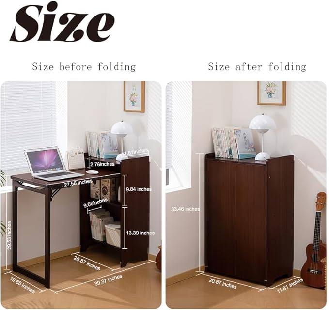 Bamboo Folding Out Desk with Storage Shelves, Expandable Hidden Computer Desk, Foldable Space-Saving Pull Out Murphy Table, Writing Table for Home Office Bedroom Small Spaces (Walnut)
